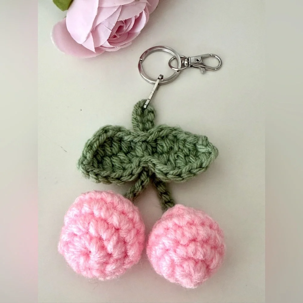 Handmade Crochet Cherry Keychain – Cute Pink Amigurumi Bag Charm - Picture 6 of 7